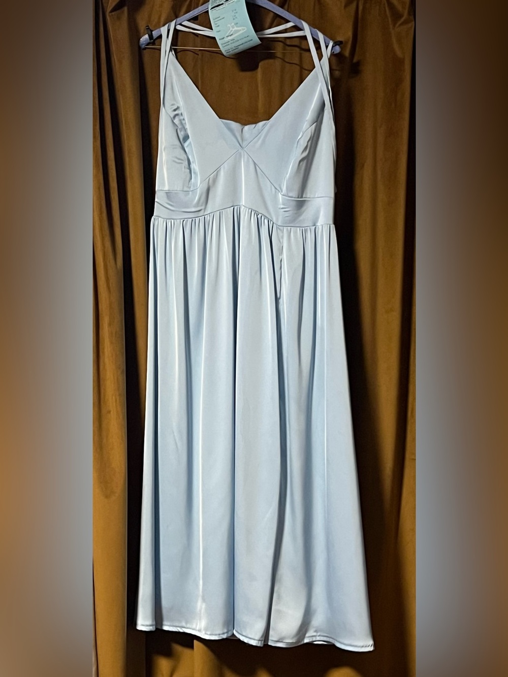 Sky Blue Azazie Aaida A-Line Stretch Satin Dress | Size 22 | Tea Length